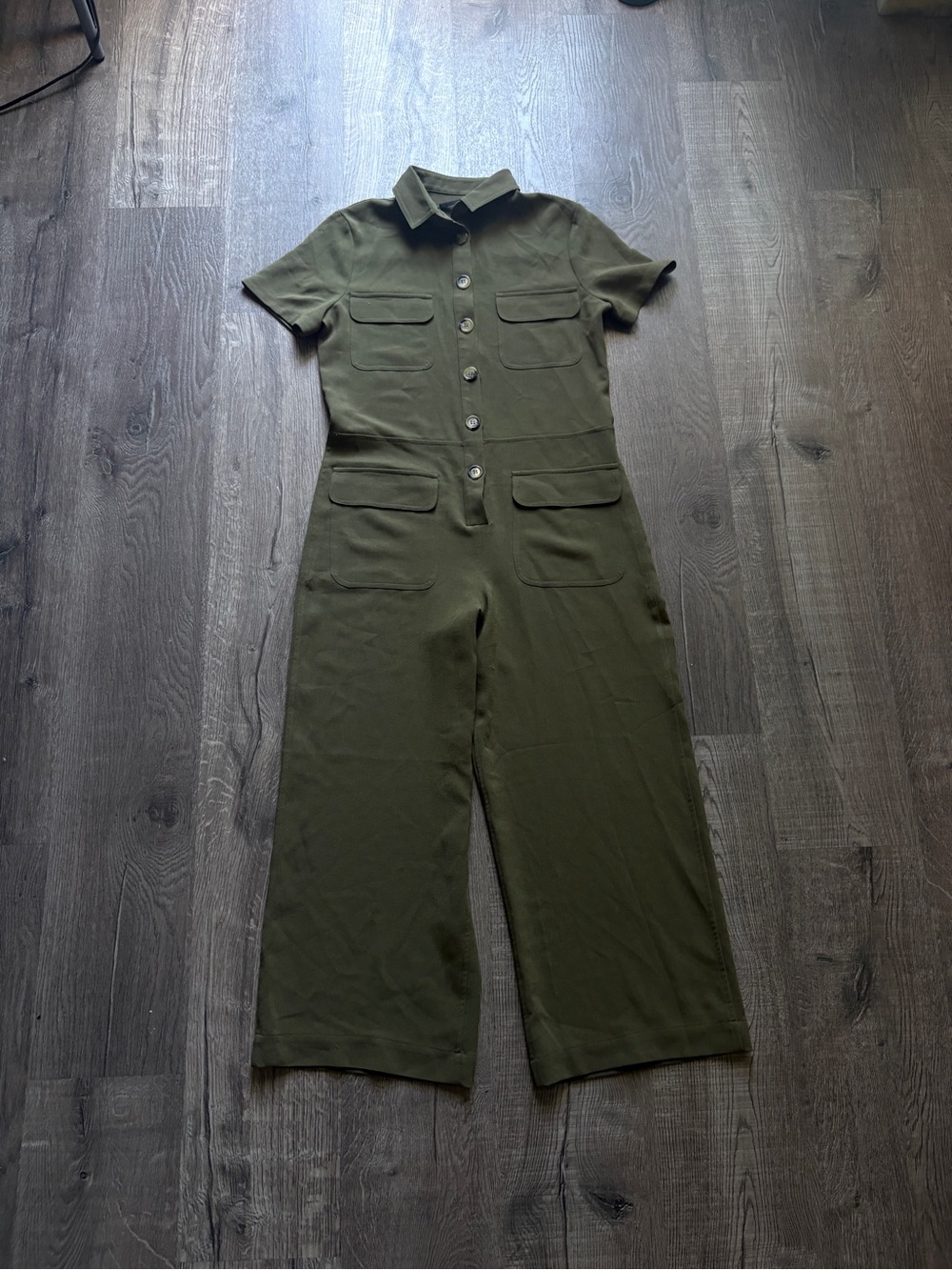 Jenni Kayne Crepe Short Sleeve Jumpsuit in Olive Green.